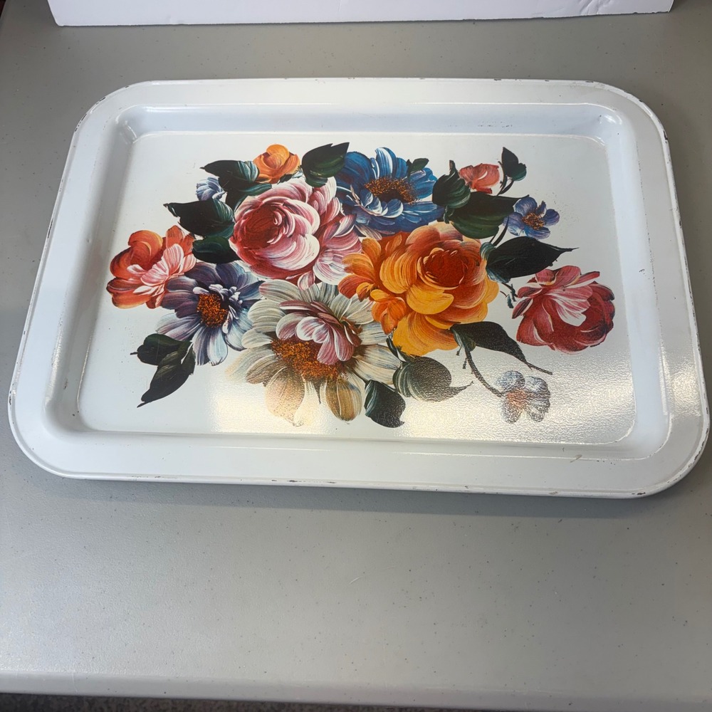 Vintage Floral Metal Serving Tray Retro White Gold Rectangular 17x12 Mid Century